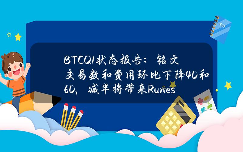 BTCQ1状态报告：铭文交易数和费用环比下降40%和60%，减半将带来Runes代币协议和Epicsat的发布